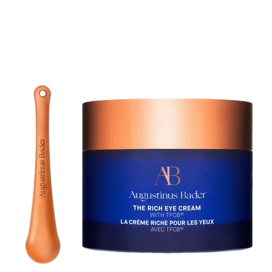 Augustinus Bader The Rich Eye Cream jar with copper applicator, on black