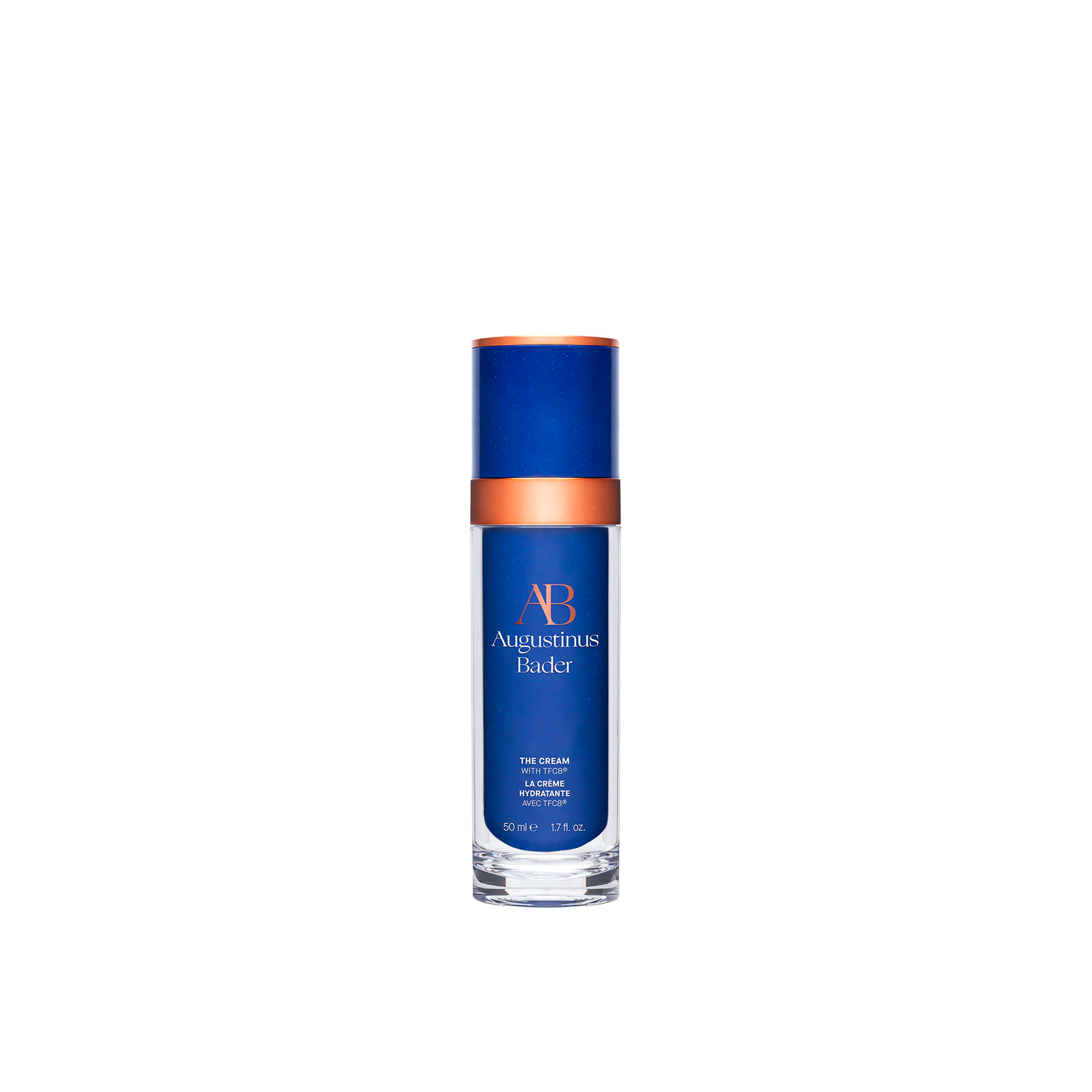 A bottle of Augustinus Bader The Cream with blue and clear colors.