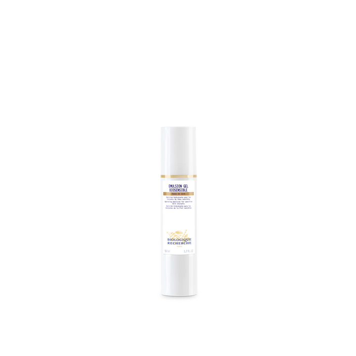 A white pump bottle labeled 'Biologique Recherche Emulsion Gel Biosensible' against a white background.