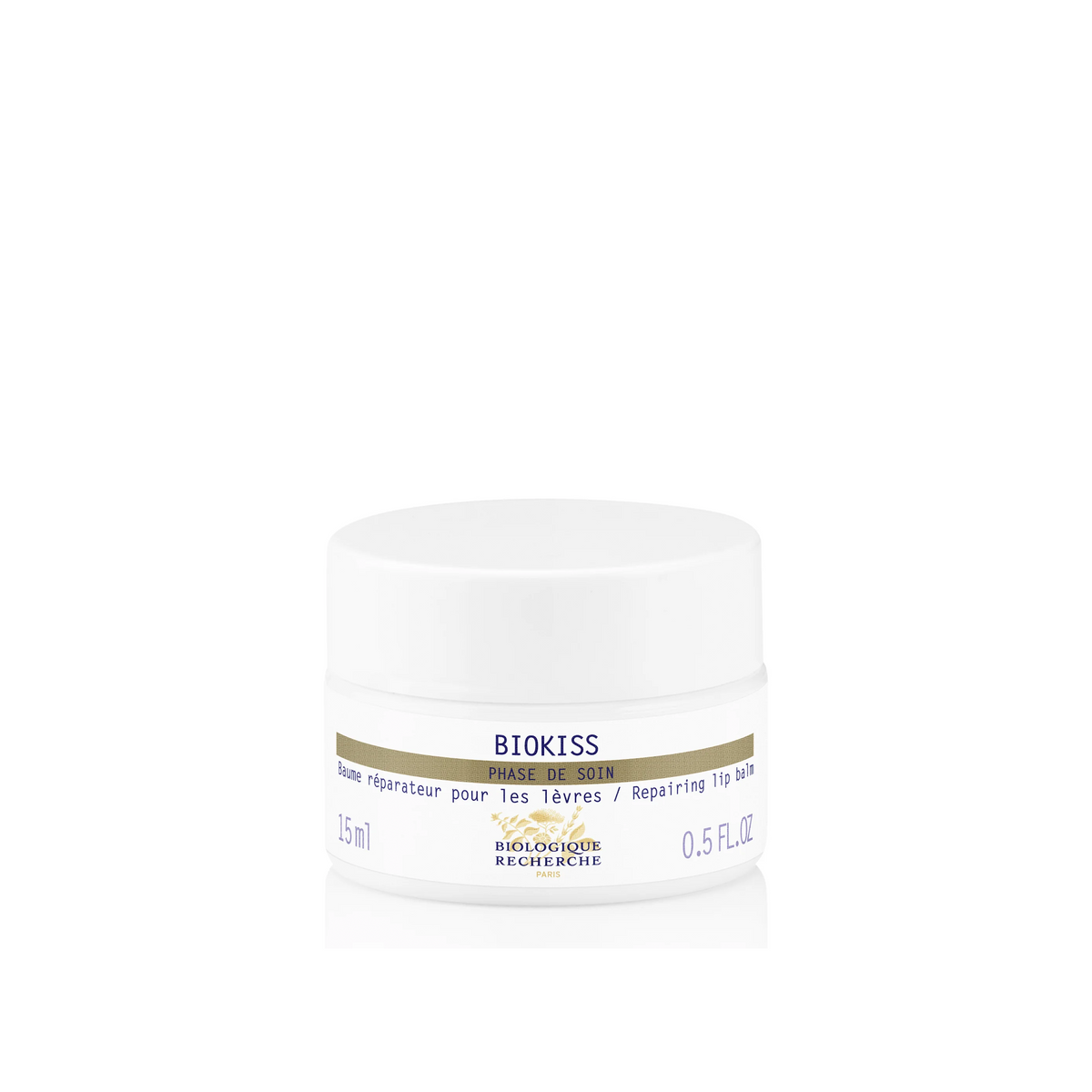 A white jar of Biologique Recherche Biokiss lip treatment with the brand and product name visible on the label.