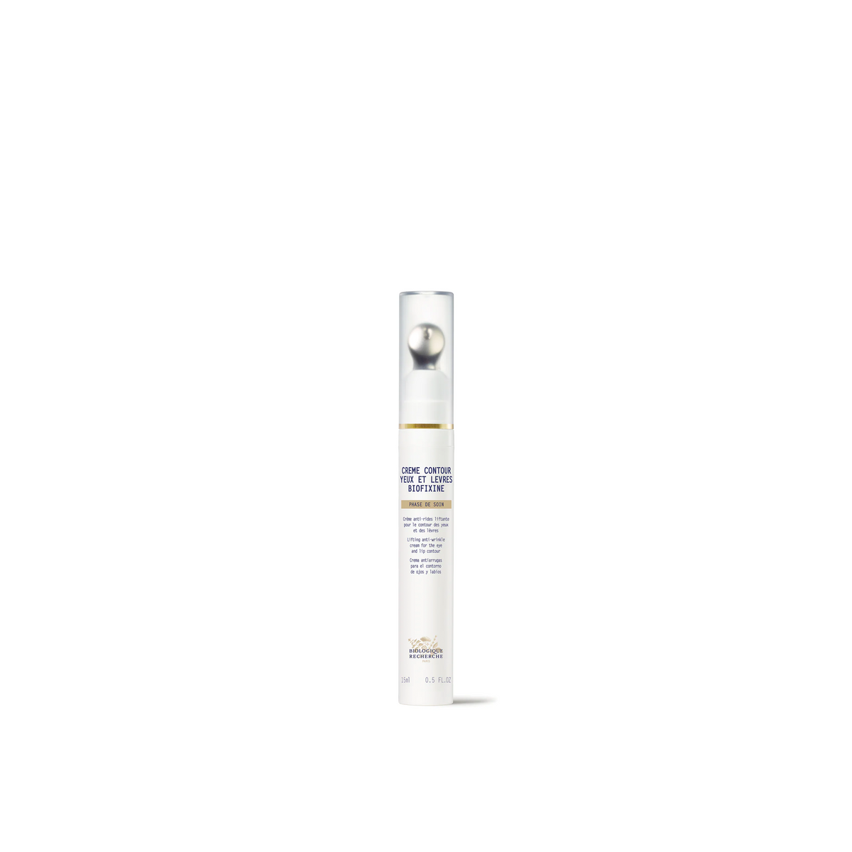A white bottle with a pump dispenser labeled Biologique Recherche Crème Contour Yeux et Lêvres Biofixine.