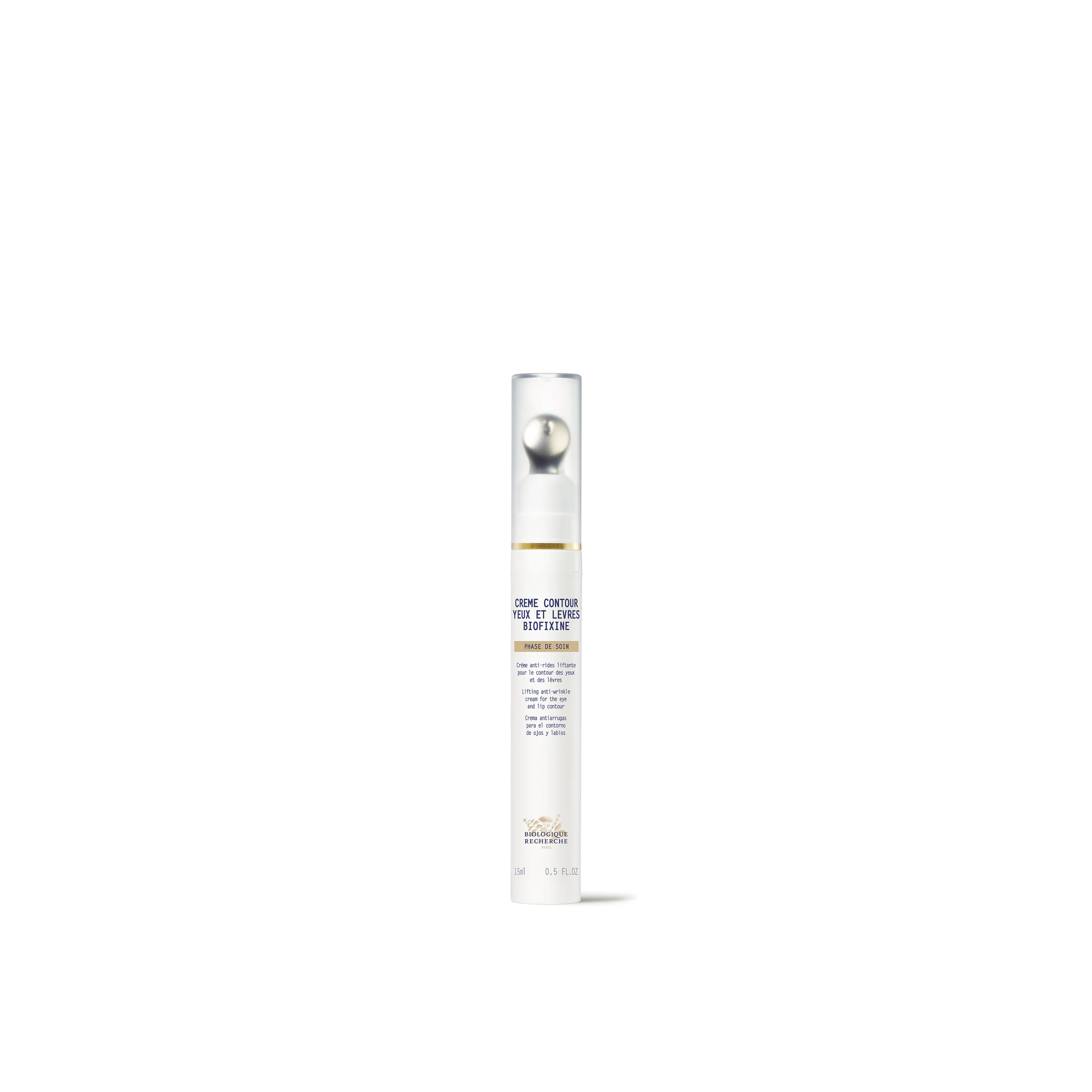A white bottle with a pump dispenser labeled Biologique Recherche Crème Contour Yeux et Lêvres Biofixine.