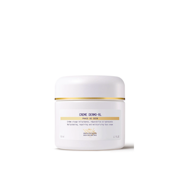 A white jar with a gold band labeled 'Crème Dermo-RL' by Biologique Recherche.