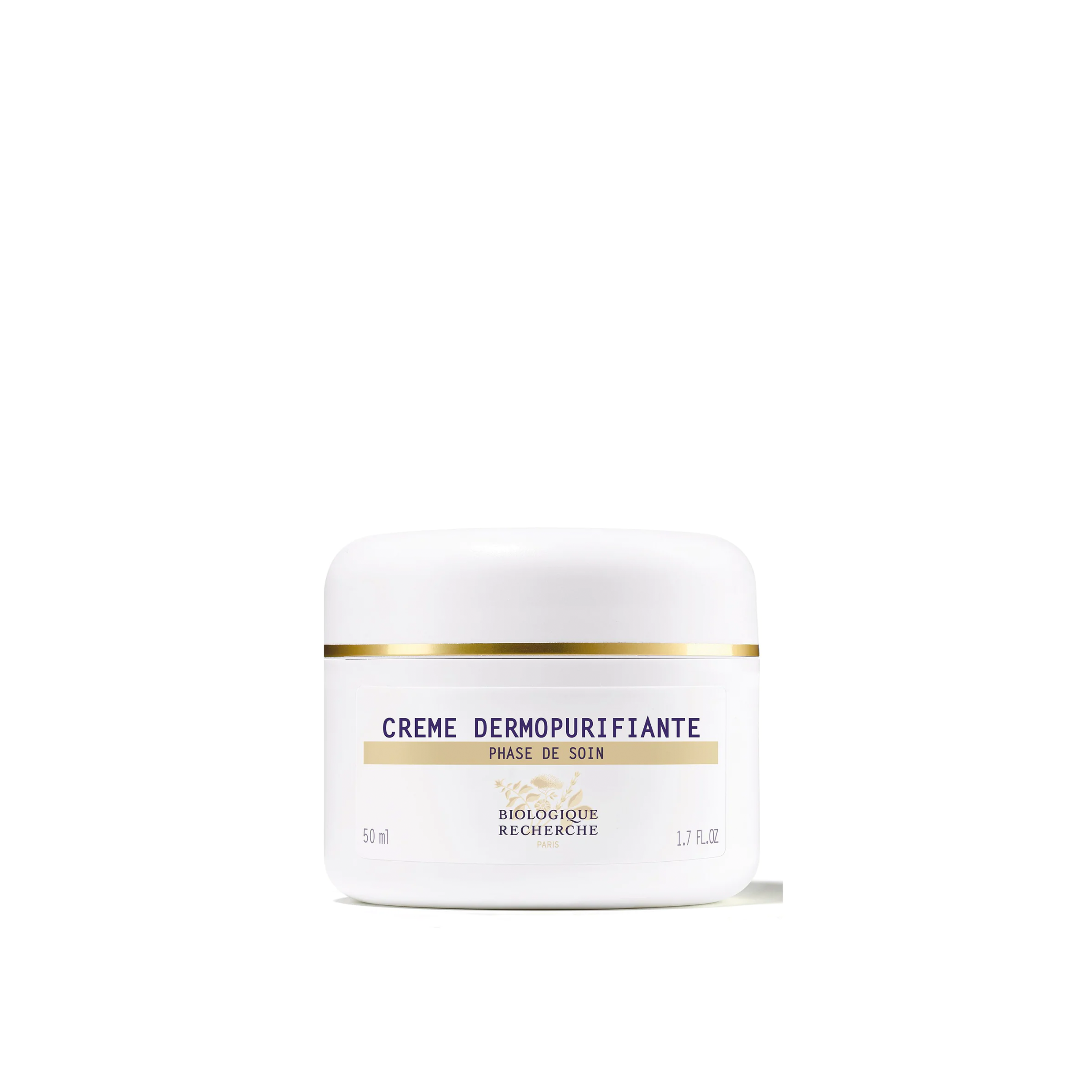 A white jar with a golden lid labeled 'Crème Dermopurifiante' from Biologique Recherche.