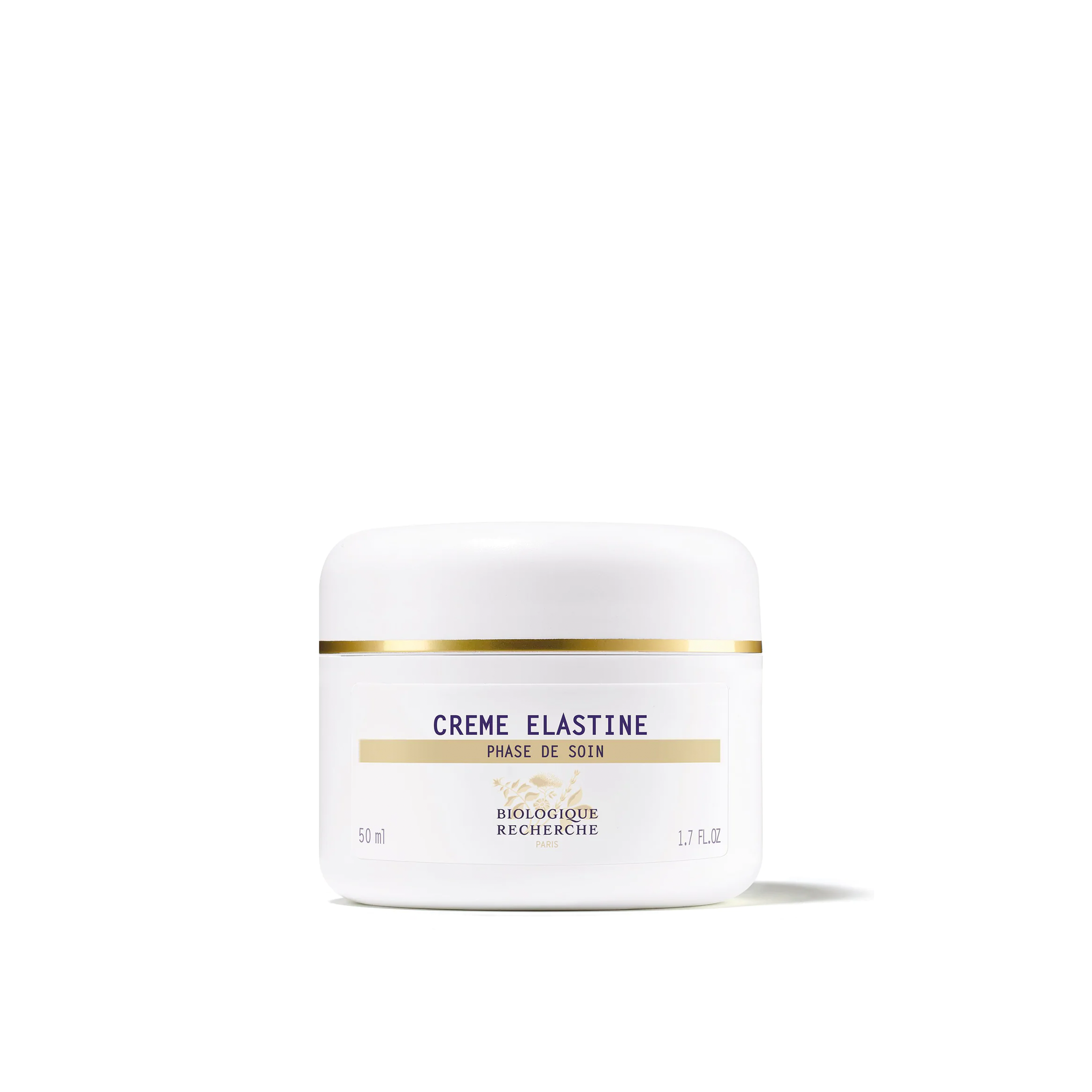 A white jar of Biologique Recherche Crème Elastine with a label that includes the product name and details in French.