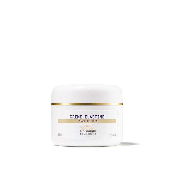 A white jar of Biologique Recherche Crème Elastine with a label that includes the product name and details in French.