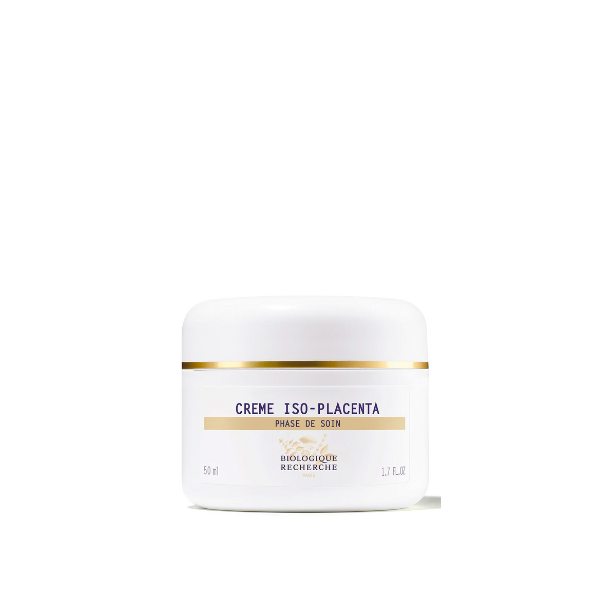 A white jar of Biologique Recherche Crème Iso-Placenta with black and gold text, indicating it is a product for combination skin.