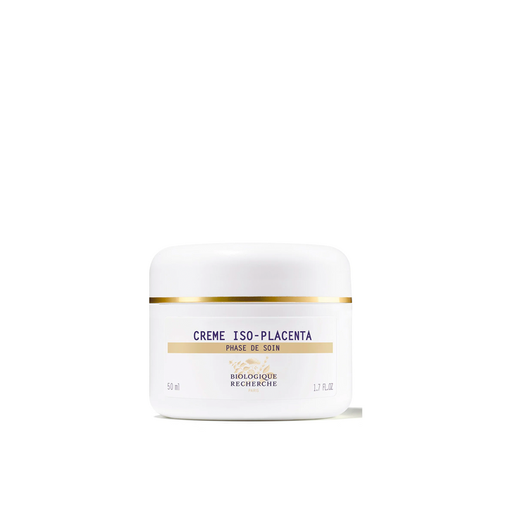 A white jar of Biologique Recherche Crème Iso-Placenta with black and gold text, indicating it is a product for combination skin.
