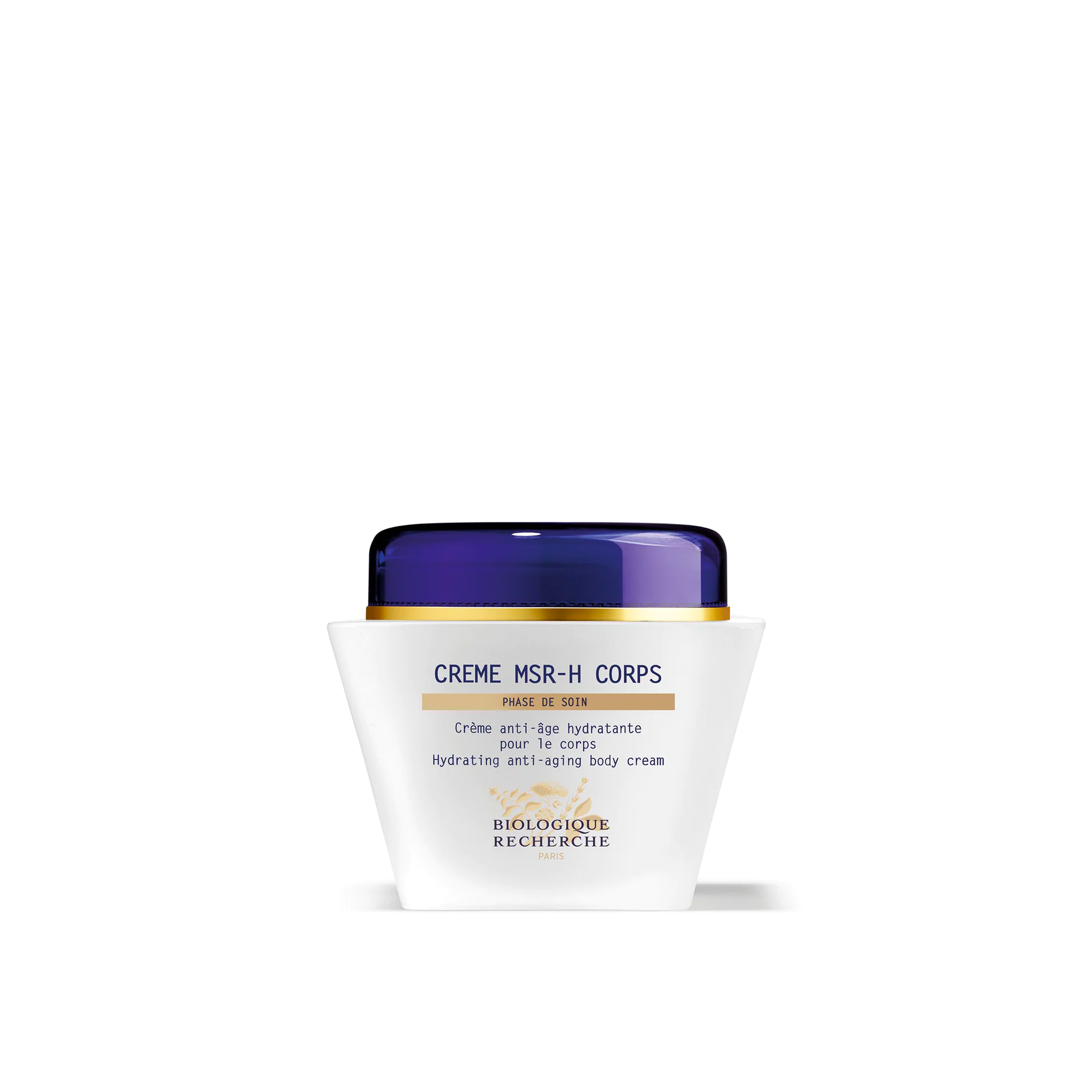 A white jar with a blue lid containing the Biologique Recherche Crème MSR-H Corps body cream, labeled for hydrating and regenerating mature skin.