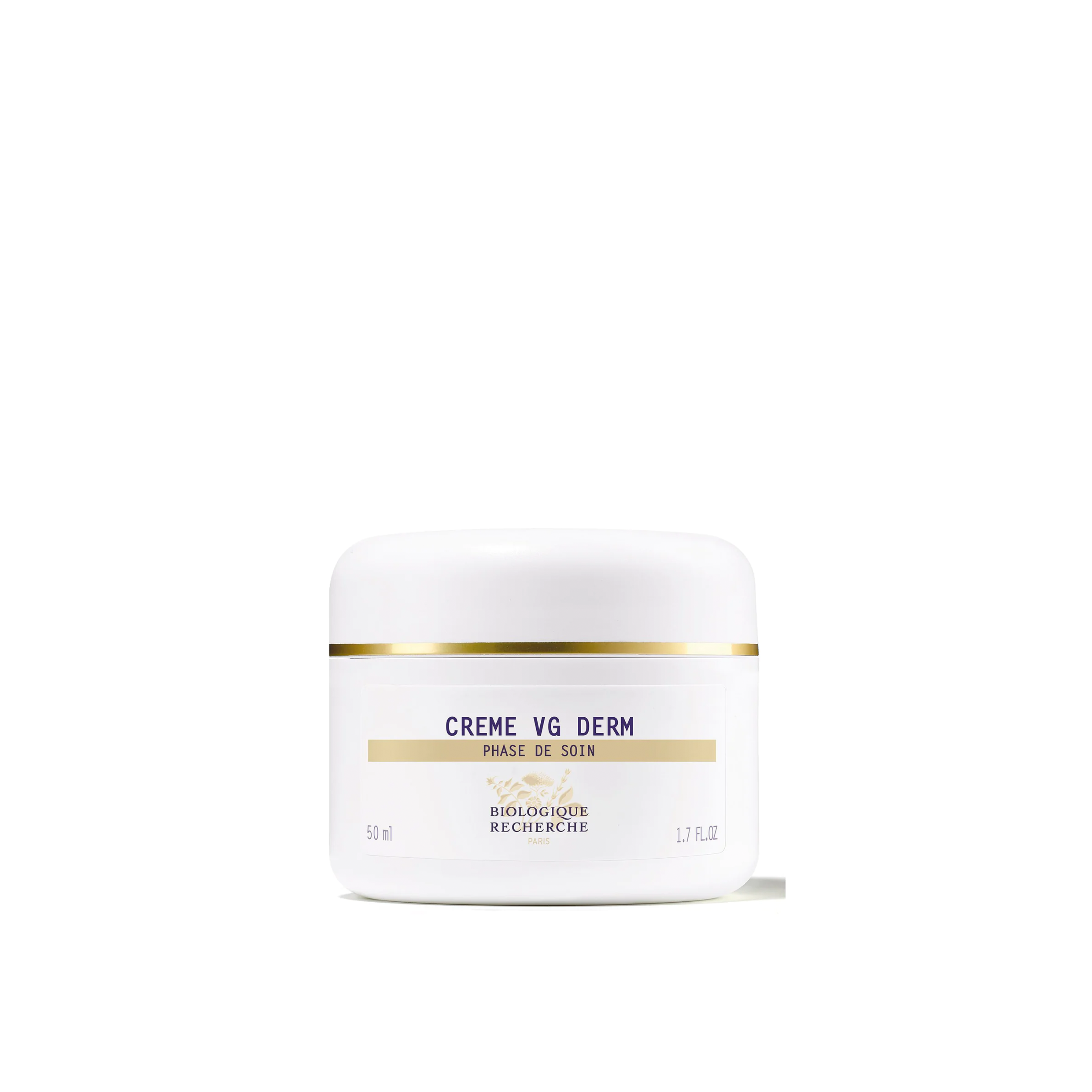 A white jar with a gold band labeled 'Crème VG Derm' which is a skin care product.