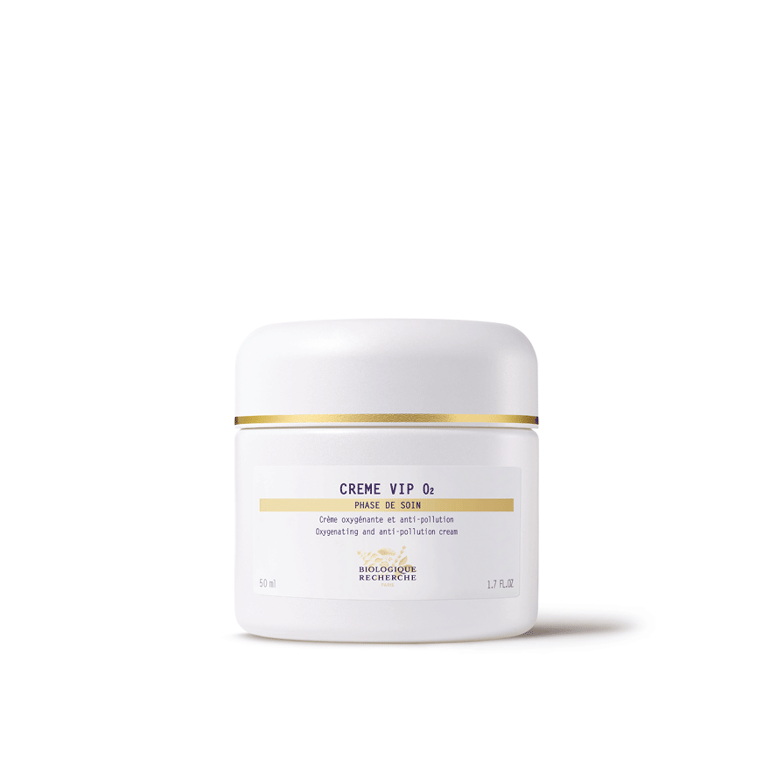 A white jar with a gold band labeled 'Crème VIP O2' from Biologique Recherche.