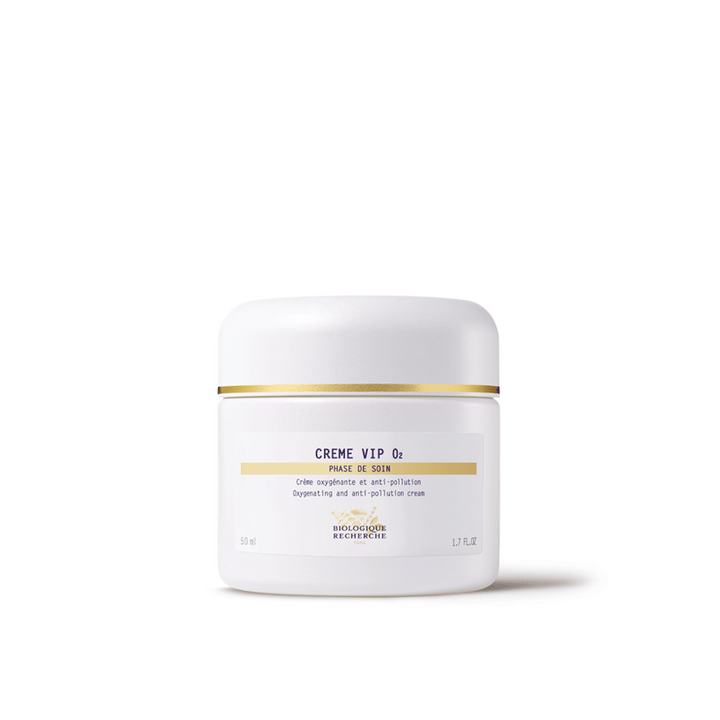 A white jar with a gold band labeled 'Crème VIP O2' from Biologique Recherche.