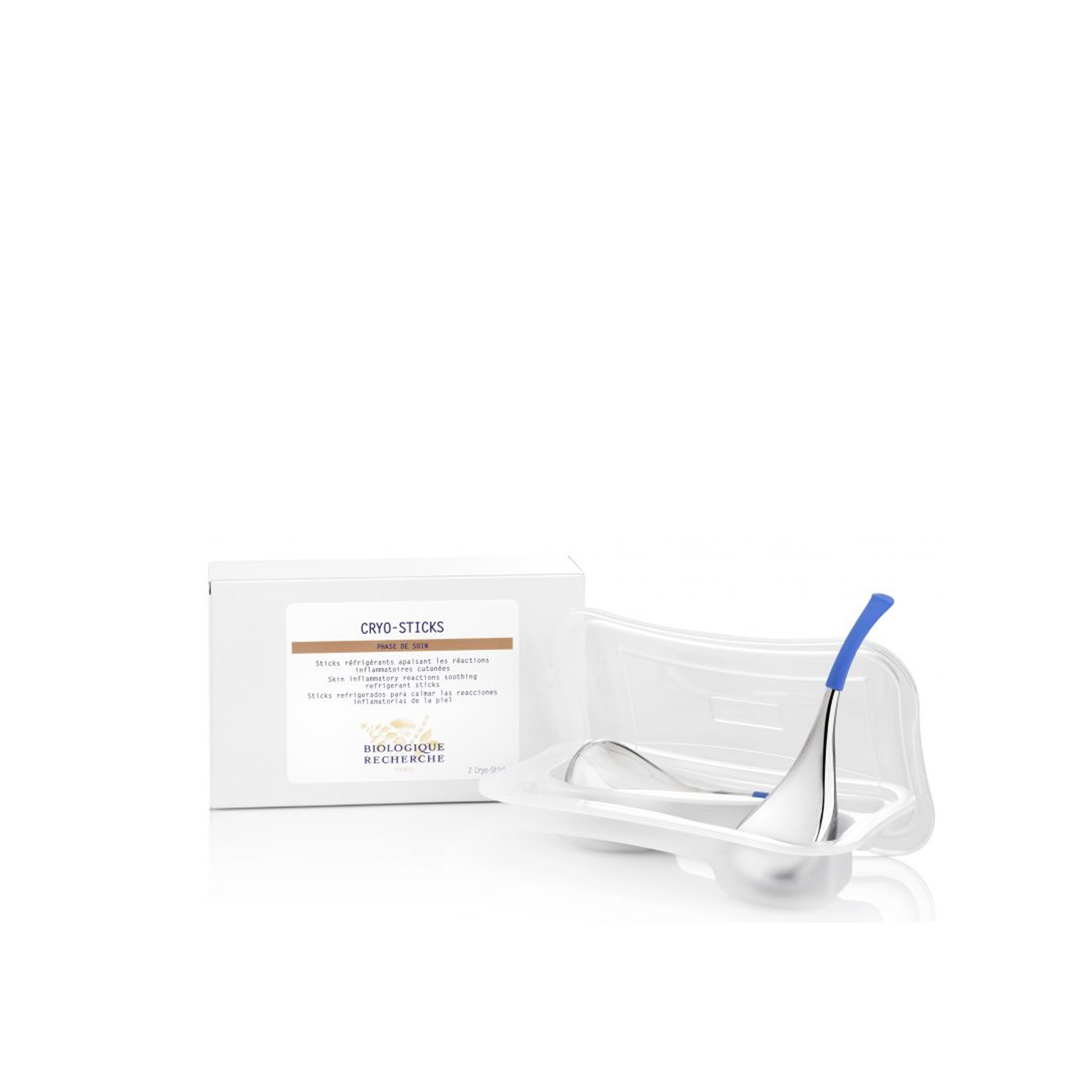 A set of Biologique Recherche Cryosticks, which are stainless steel facial wands, presented alongside their packaging.