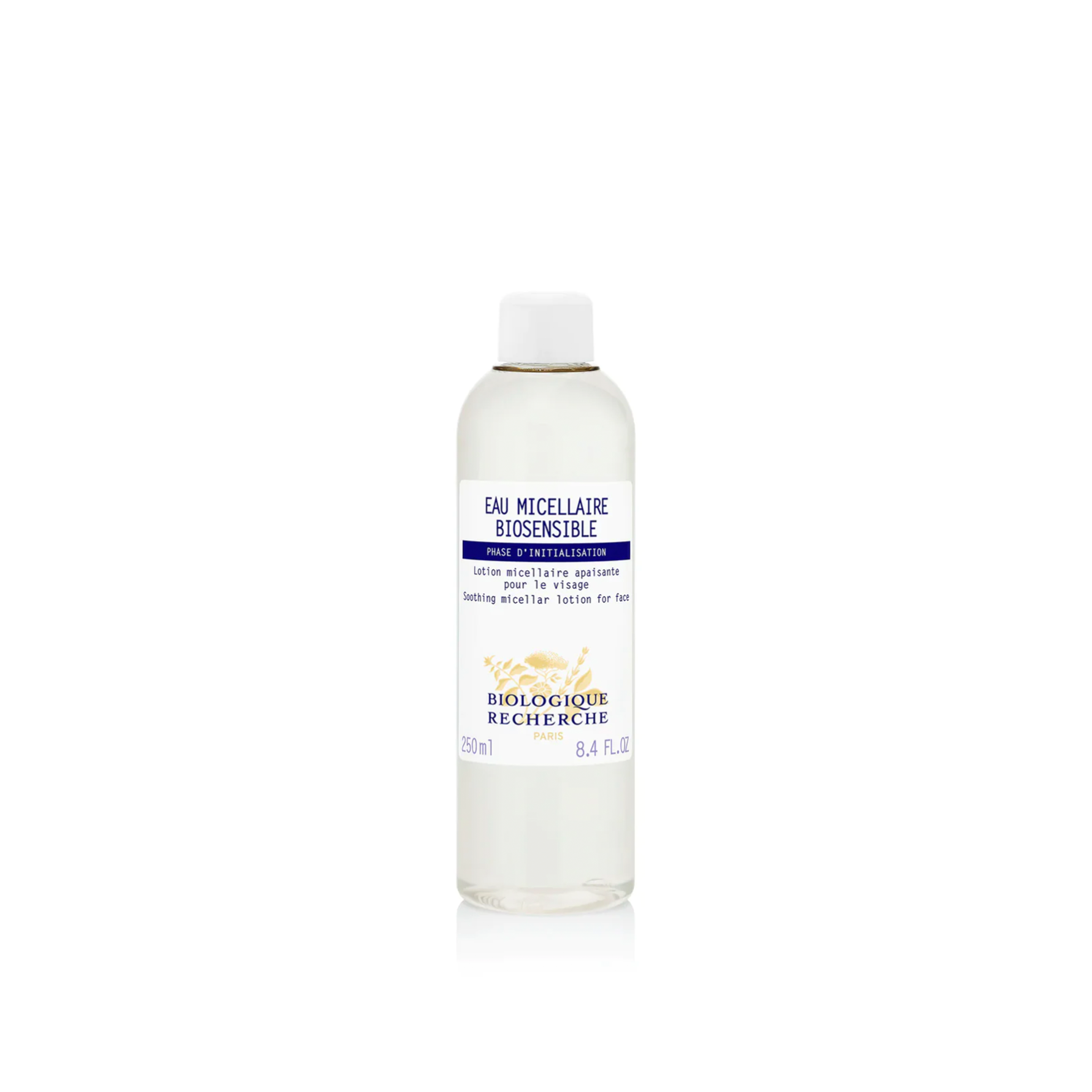 A white bottle labeled Eau Micellaire Biosensible from Biologique Recherche, containing a clear liquid suitable for makeup removal and skin cleansing.