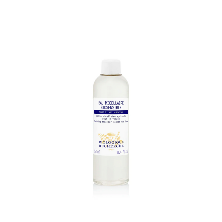 A white bottle labeled Eau Micellaire Biosensible from Biologique Recherche, containing a clear liquid suitable for makeup removal and skin cleansing.