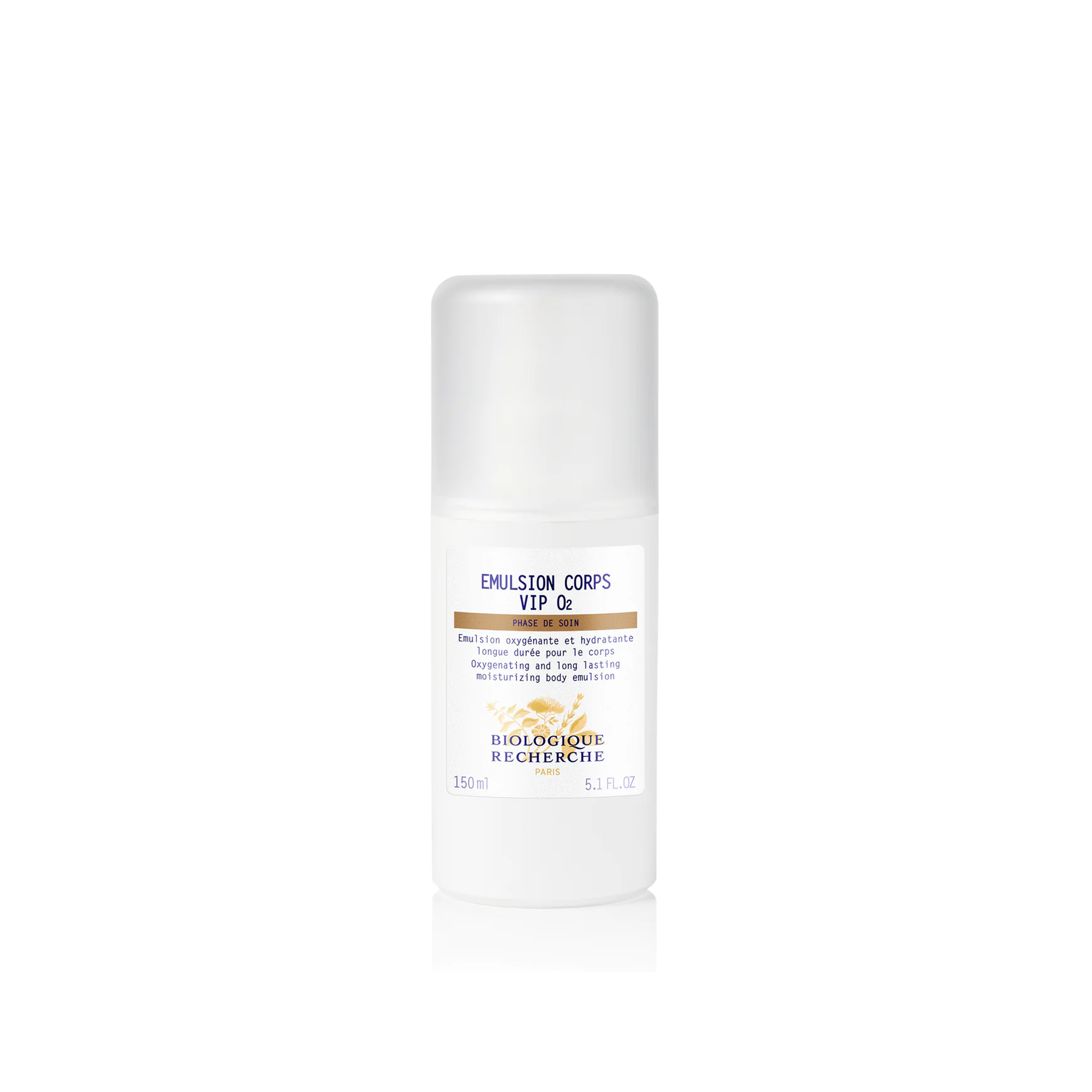 A pump bottle of Biologique Recherche Emulsion Corps VIP O2 with product information and branding on the label.