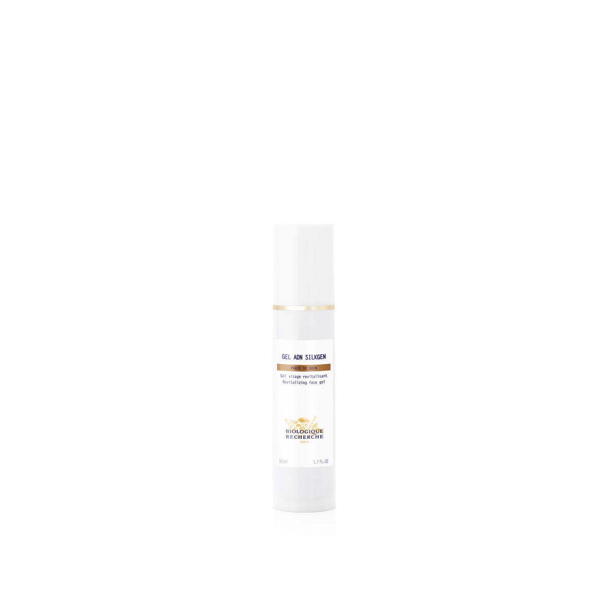 A white pump bottle labeled 'Biologique Recherche Gel ADN Silkgen' with text and branding on the label.