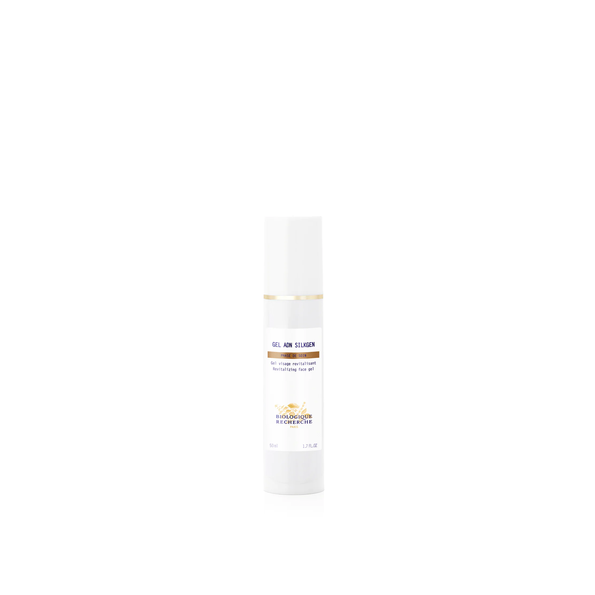 A white pump bottle labeled 'Biologique Recherche Gel ADN Silkgen' with text and branding on the label.