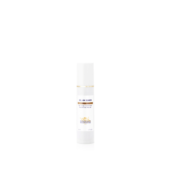 A white pump bottle labeled 'Biologique Recherche Gel ADN Silkgen' with text and branding on the label.