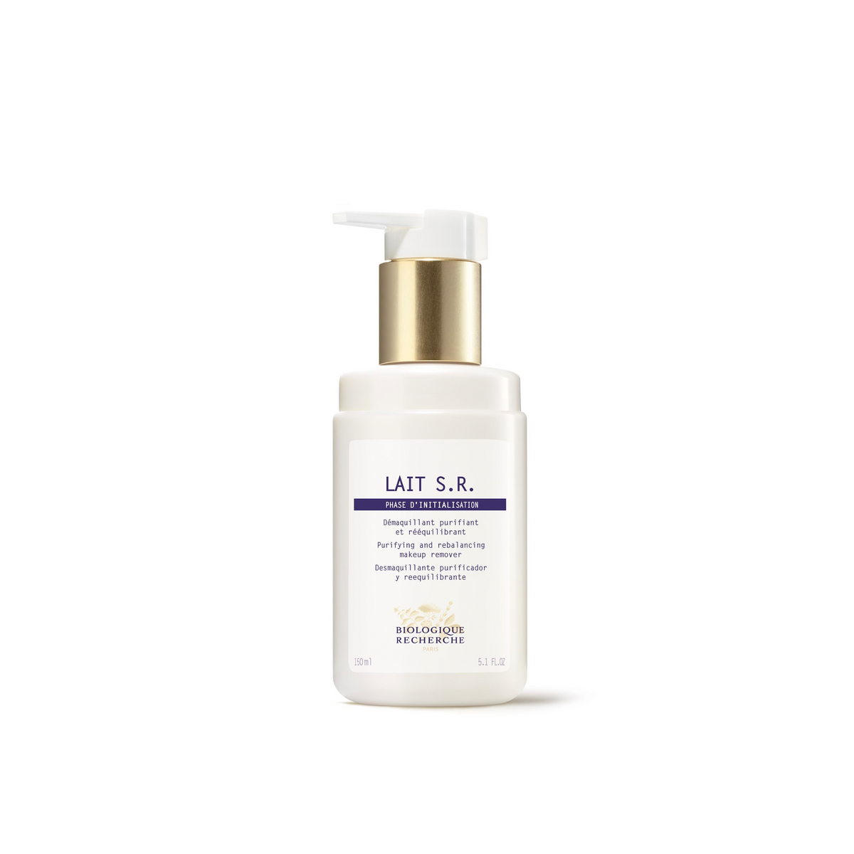 A pump bottle of Biologique Recherche Lait S.R. cleanser designed for purifying the skin and removing makeup.