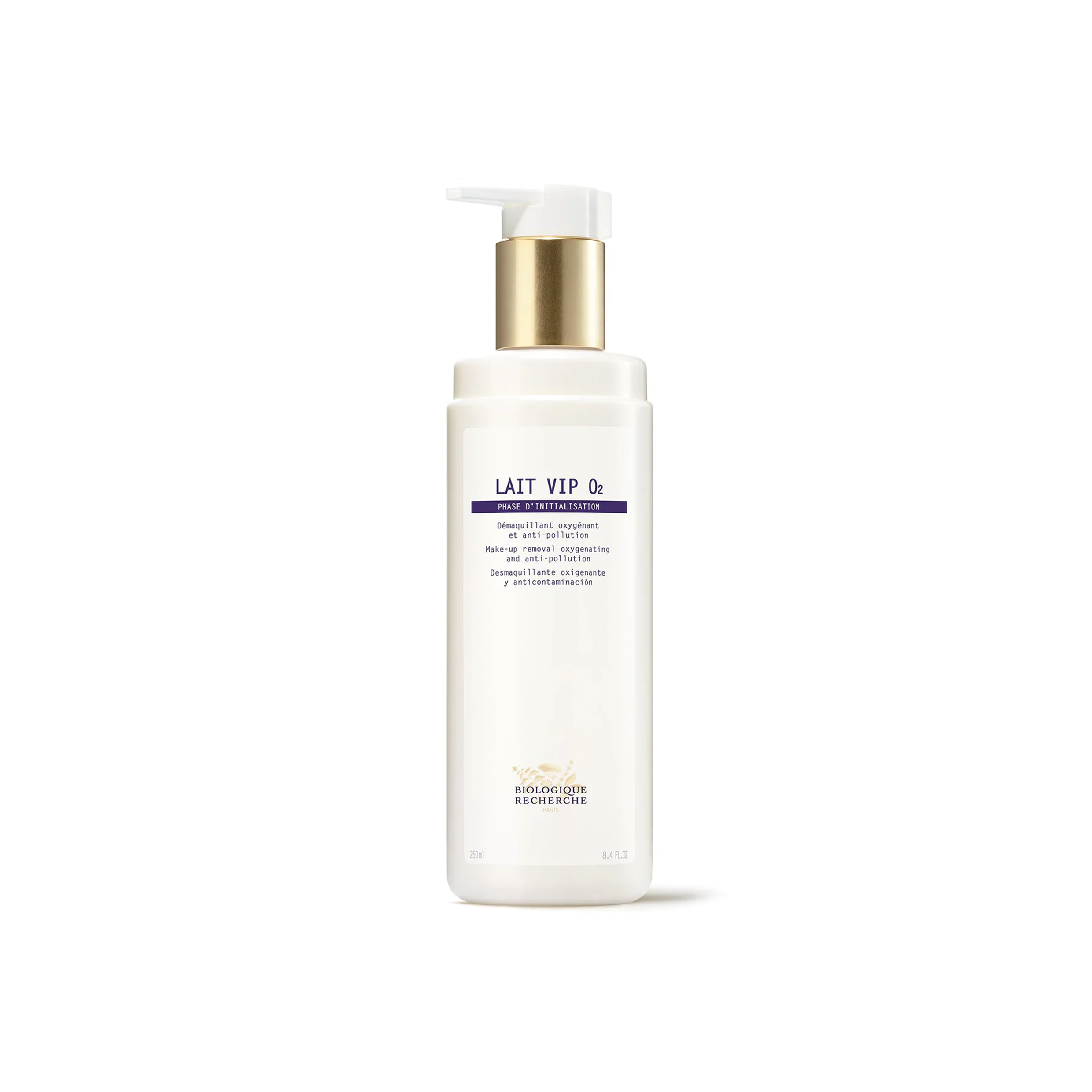 A pump bottle of Biologique Recherche Lait VIP 02, a milky cleanser with a white and blue label.