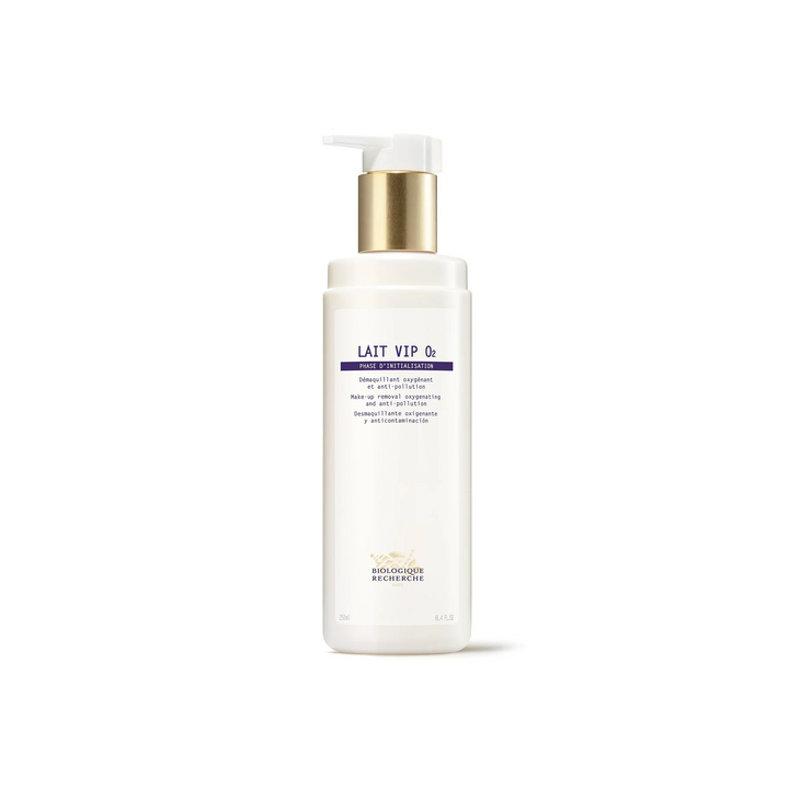 A pump bottle of Biologique Recherche Lait VIP 02, a milky cleanser with a white and blue label.