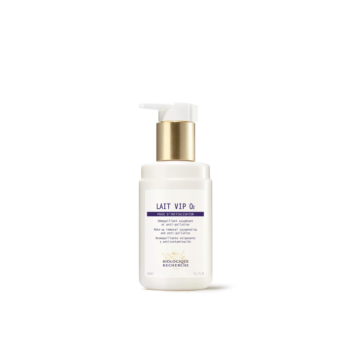 A pump bottle of Biologique Recherche Lait VIP 02, a milky cleanser with a white and blue label.
