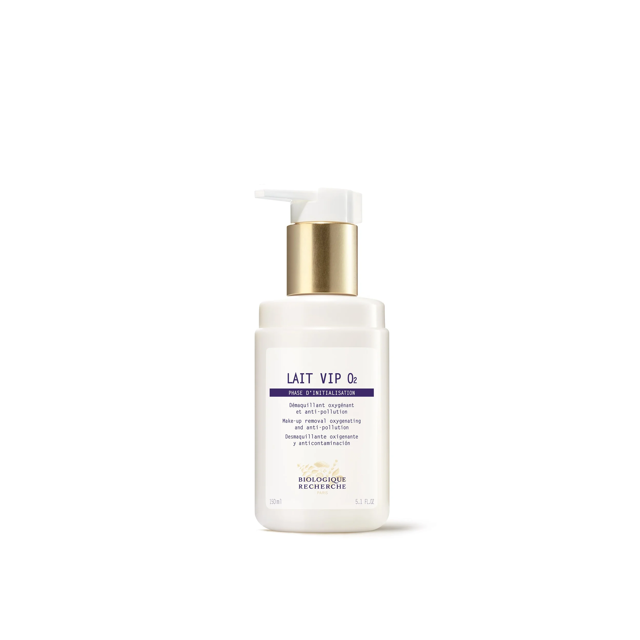 A pump bottle of Biologique Recherche Lait VIP 02, a milky cleanser with a white and blue label.