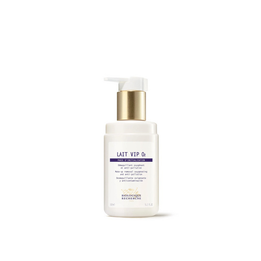 A pump bottle of Biologique Recherche Lait VIP 02, a milky cleanser with a white and blue label.