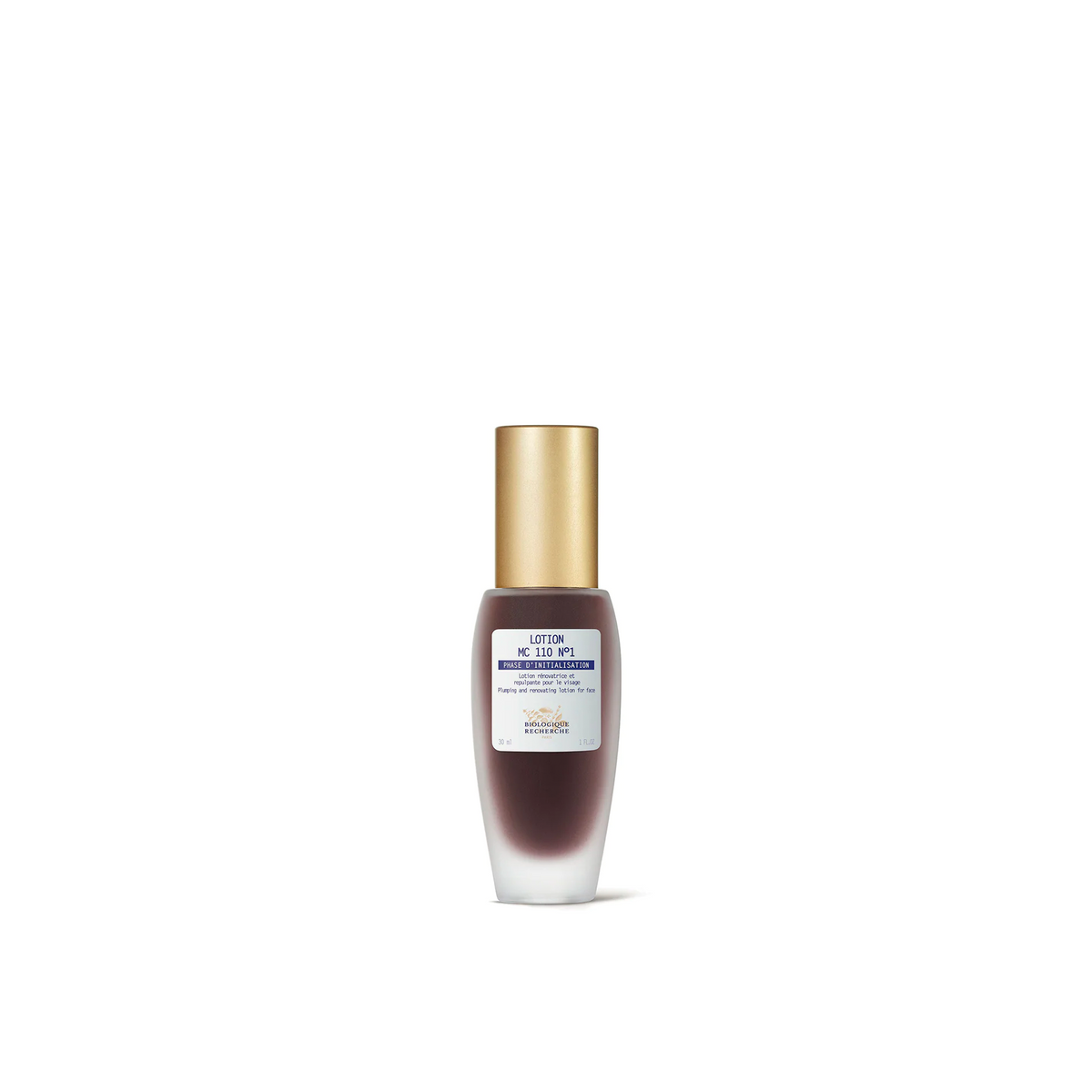 A bottle of Biologique Recherche Lotion MC 110 No1 with a clear cap and a label that includes the product name and information.