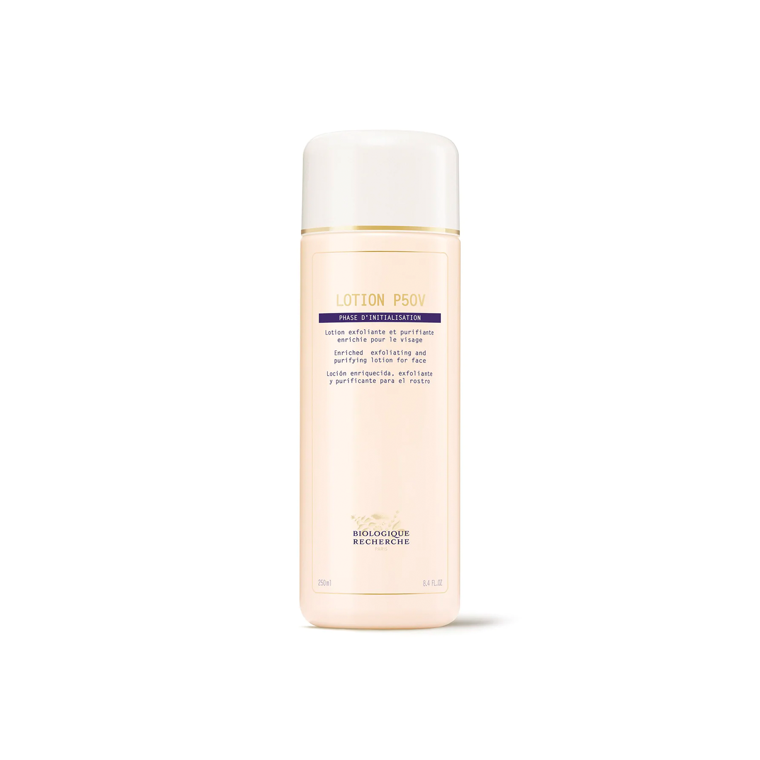 A clear bottle with a white label containing the text 'LOTION P50V' and other smaller print, on a white background.