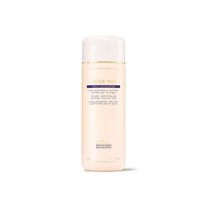 A clear bottle with a white label containing the text 'LOTION P50V' and other smaller print, on a white background.