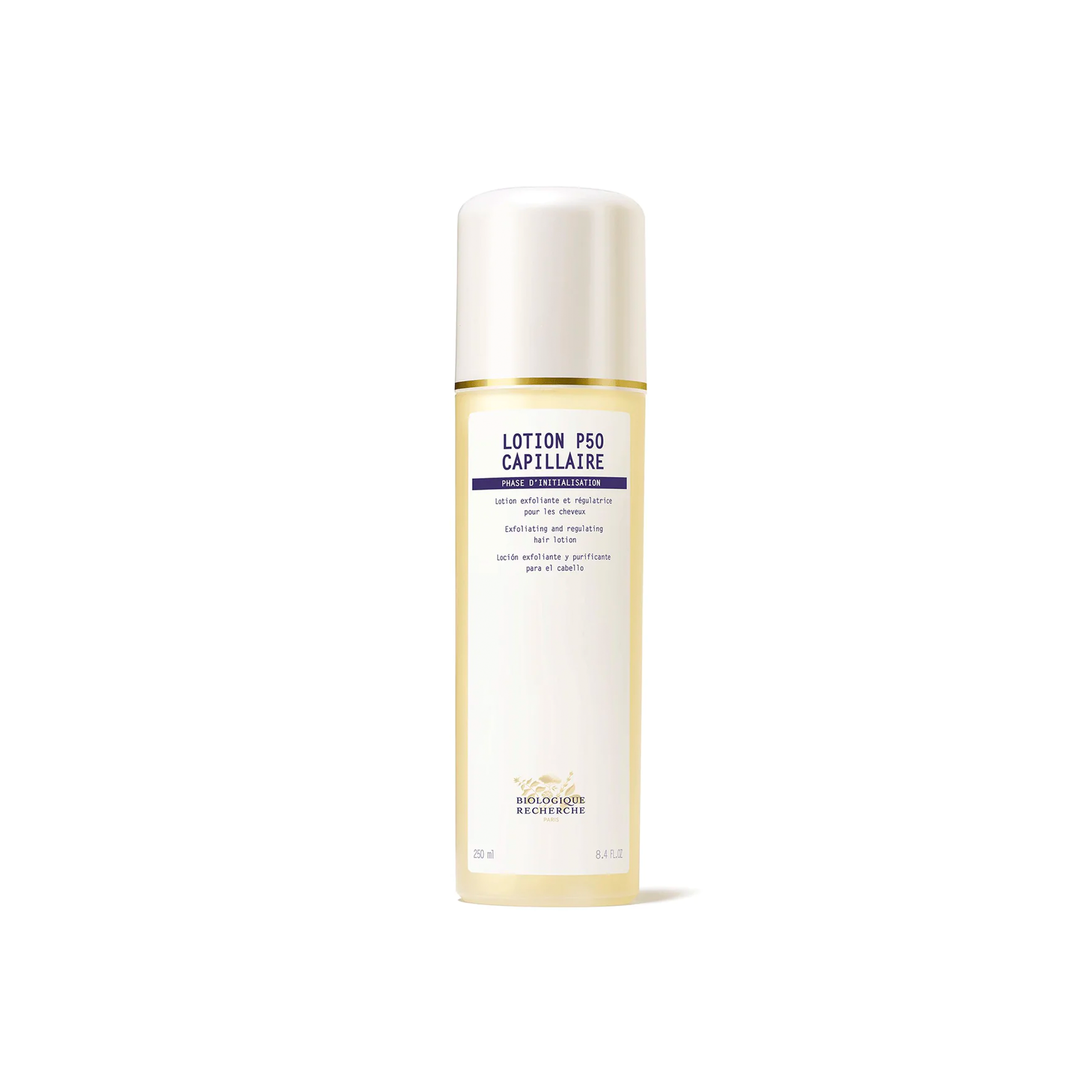 A bottle of Biologique Recherche Lotion P50 Capillaire, a hair care product designed for scalp and hair toning.