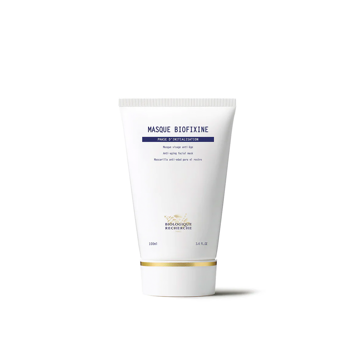 A tube of Biologique Recherche Masque Biofixine with a white and blue label, indicating it is a deeply regenerative facial mask treatment.