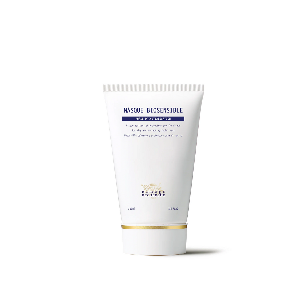 A white tube packaging of Biologique Recherche Masque Biosensible with blue and gold text.