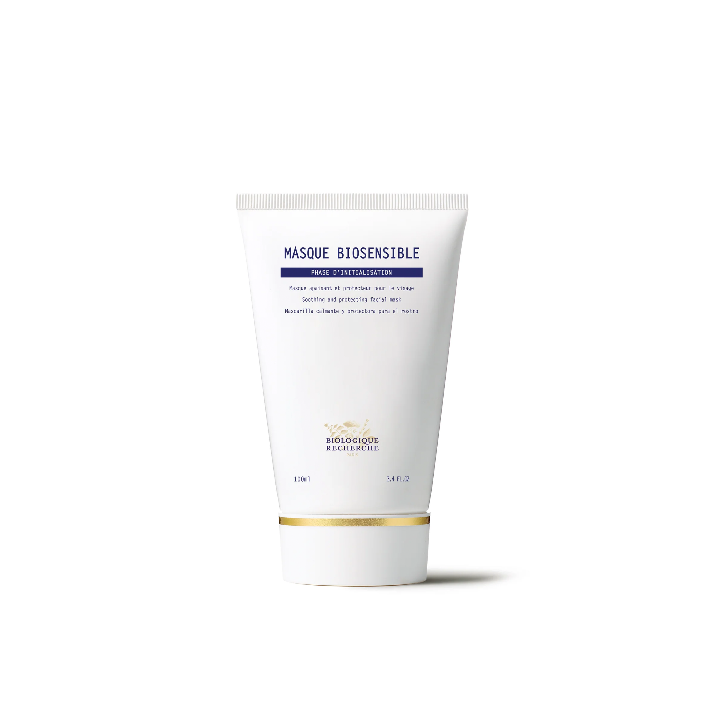 A white tube packaging of Biologique Recherche Masque Biosensible with blue and gold text.