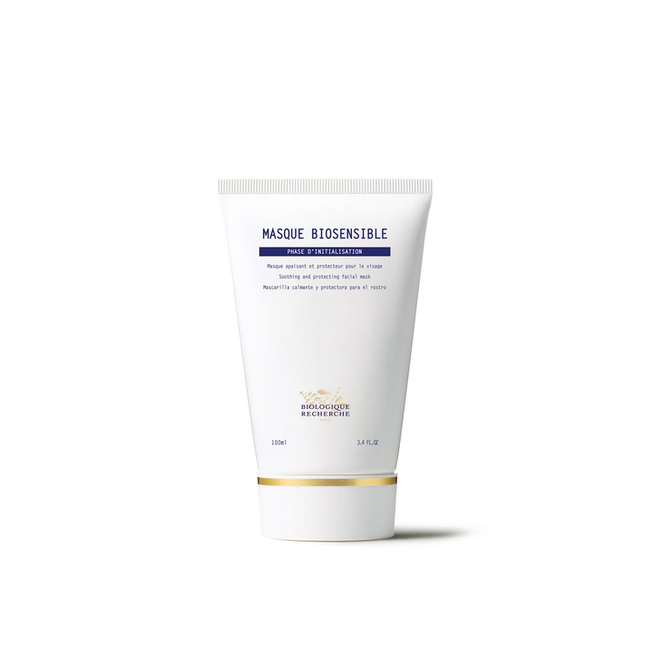 A white tube packaging of Biologique Recherche Masque Biosensible with blue and gold text.