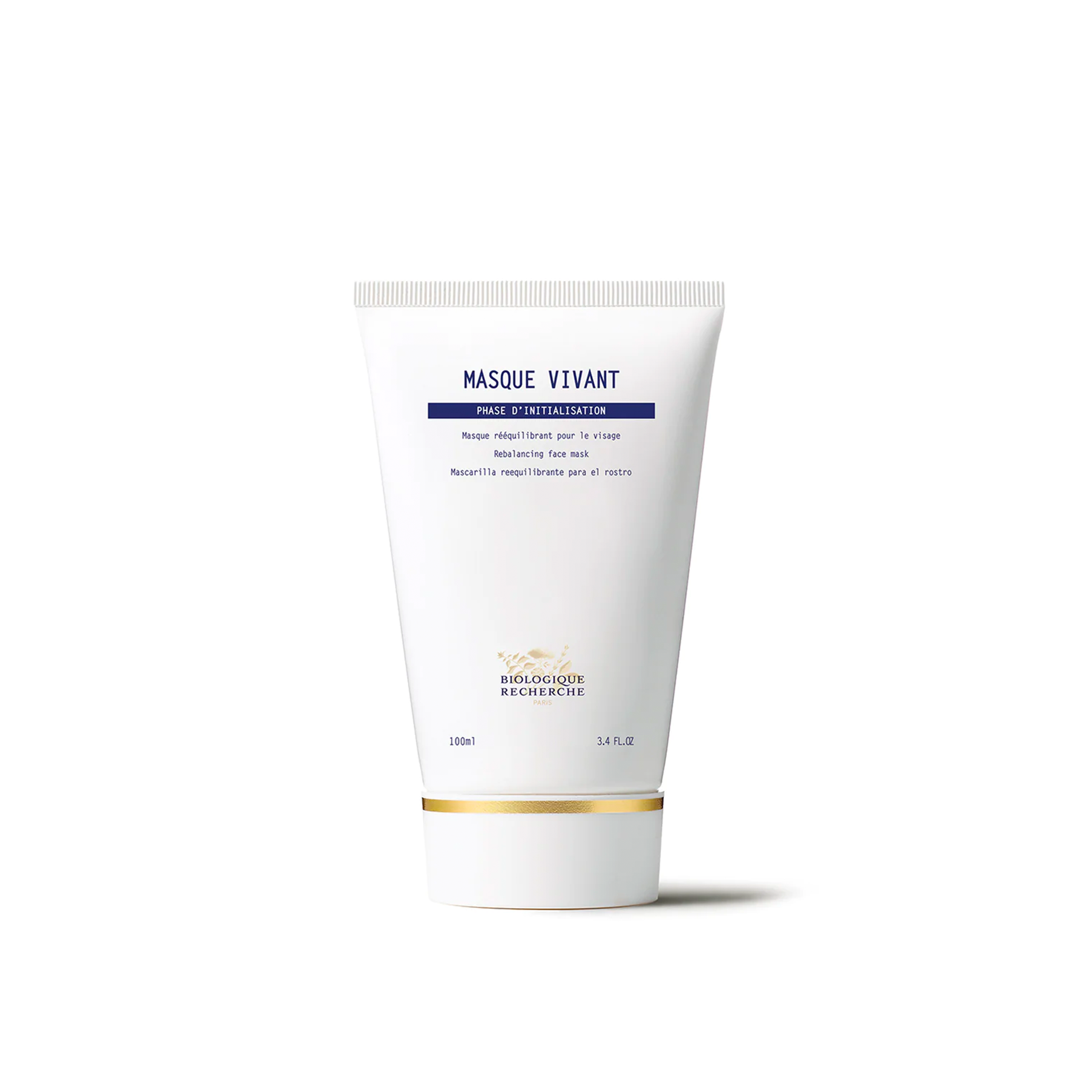 A tube of Biologique Recherche Masque Vivant, a face mask product, with a white and blue label.