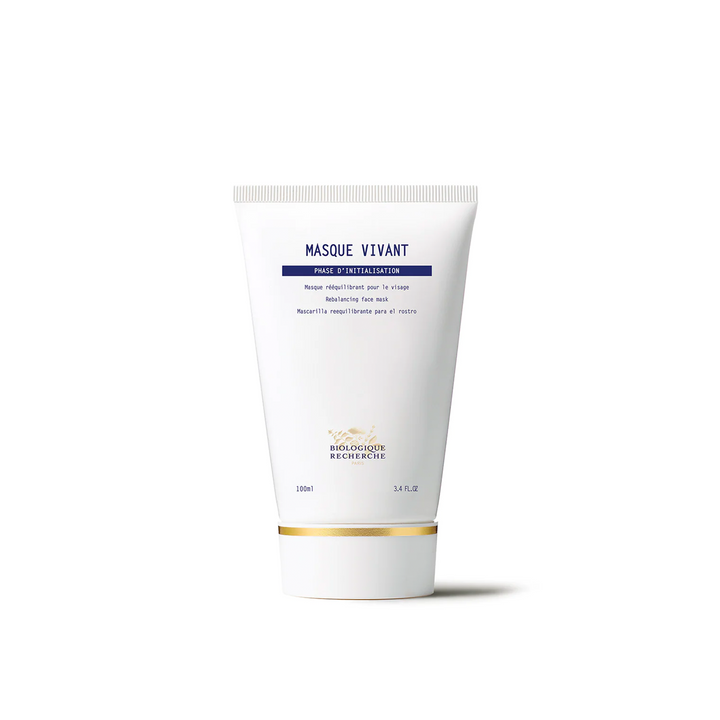 A tube of Biologique Recherche Masque Vivant, a face mask product, with a white and blue label.