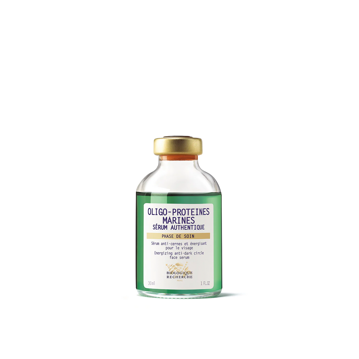 A bottle of Biologique Recherche Serum Oligo-Protéines Marines with a white label, green text, and a gold cap.