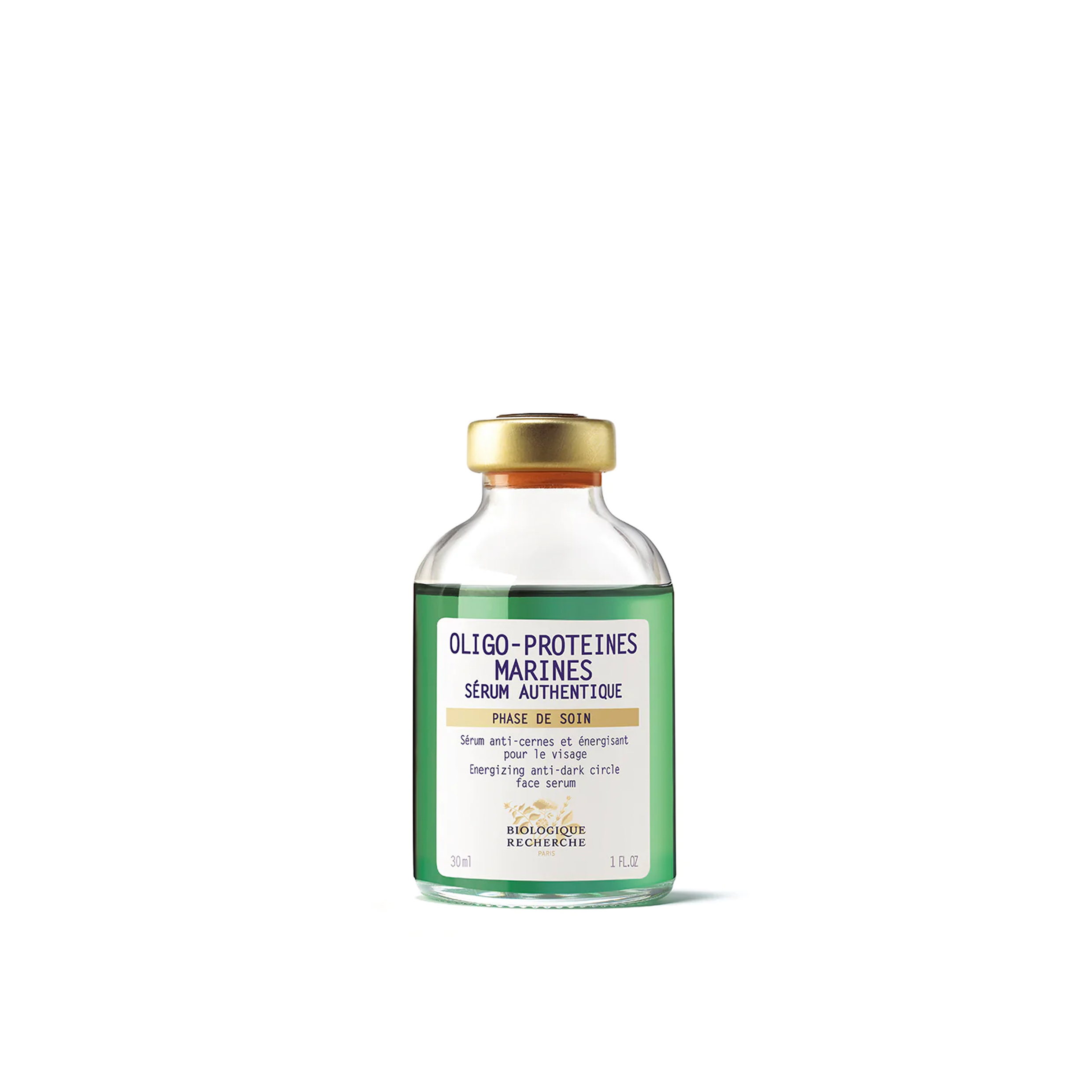 A bottle of Biologique Recherche Serum Oligo-Protéines Marines with a white label, green text, and a gold cap.