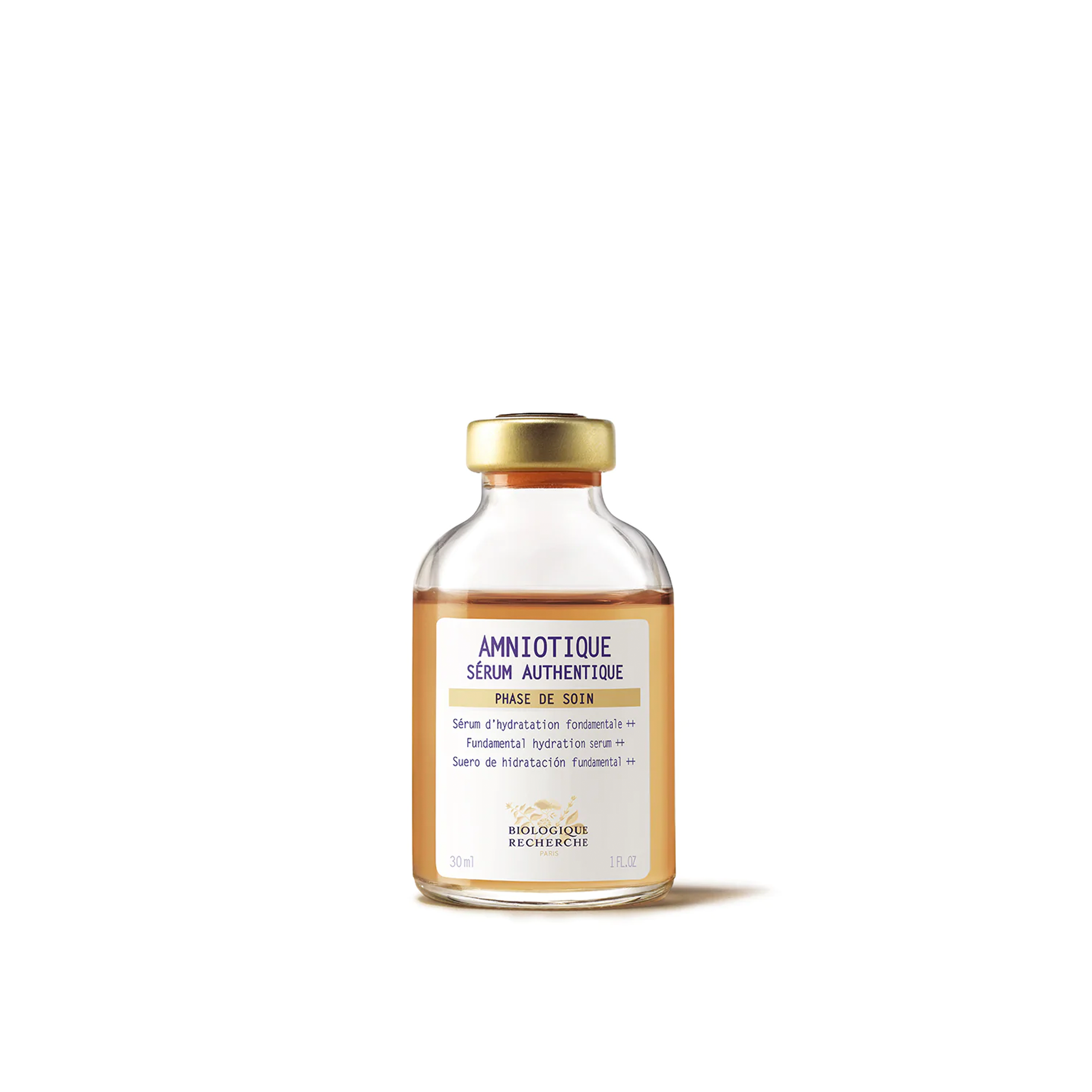 A glass vial of Biologique Recherche Serum Amniotique VG with a white label, gold accents, and a clear amber liquid visible inside.