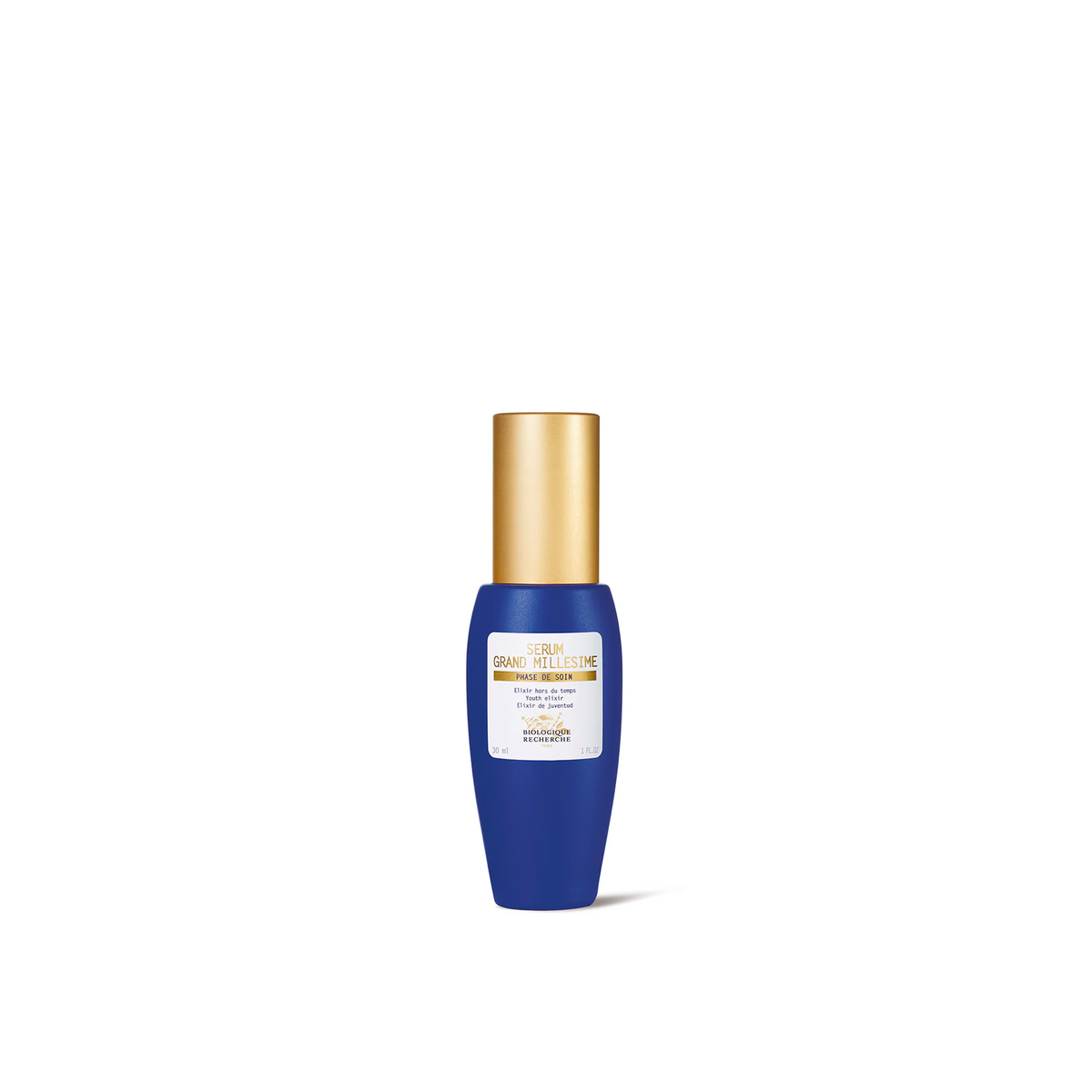 A bottle of Biologique Recherche Serum Grand Milliesime with a blue body and a gold cap.