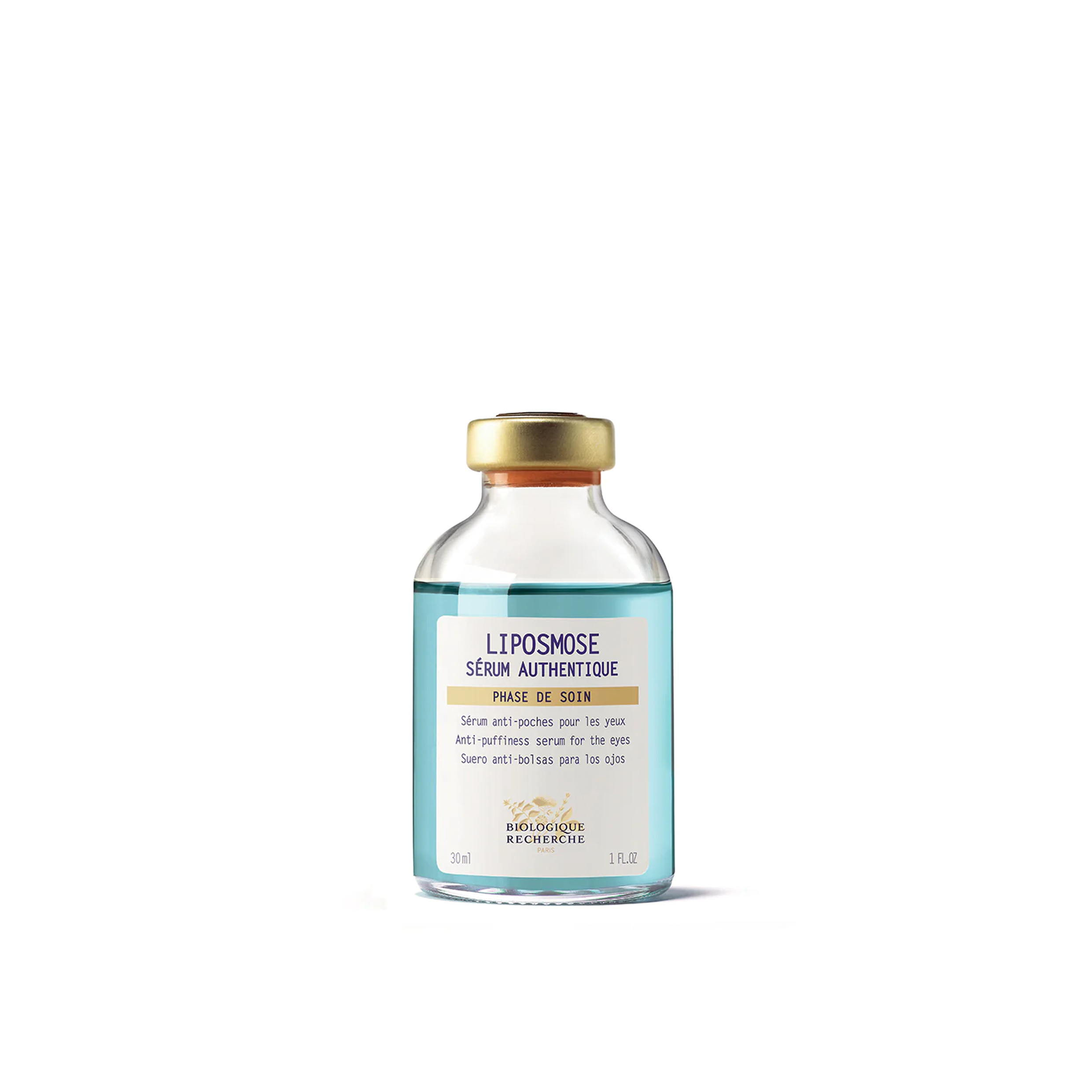 A clear glass vial with a gold cap labeled as 'Liposmose Biologique Recherche Serum' used for the eye contour area.