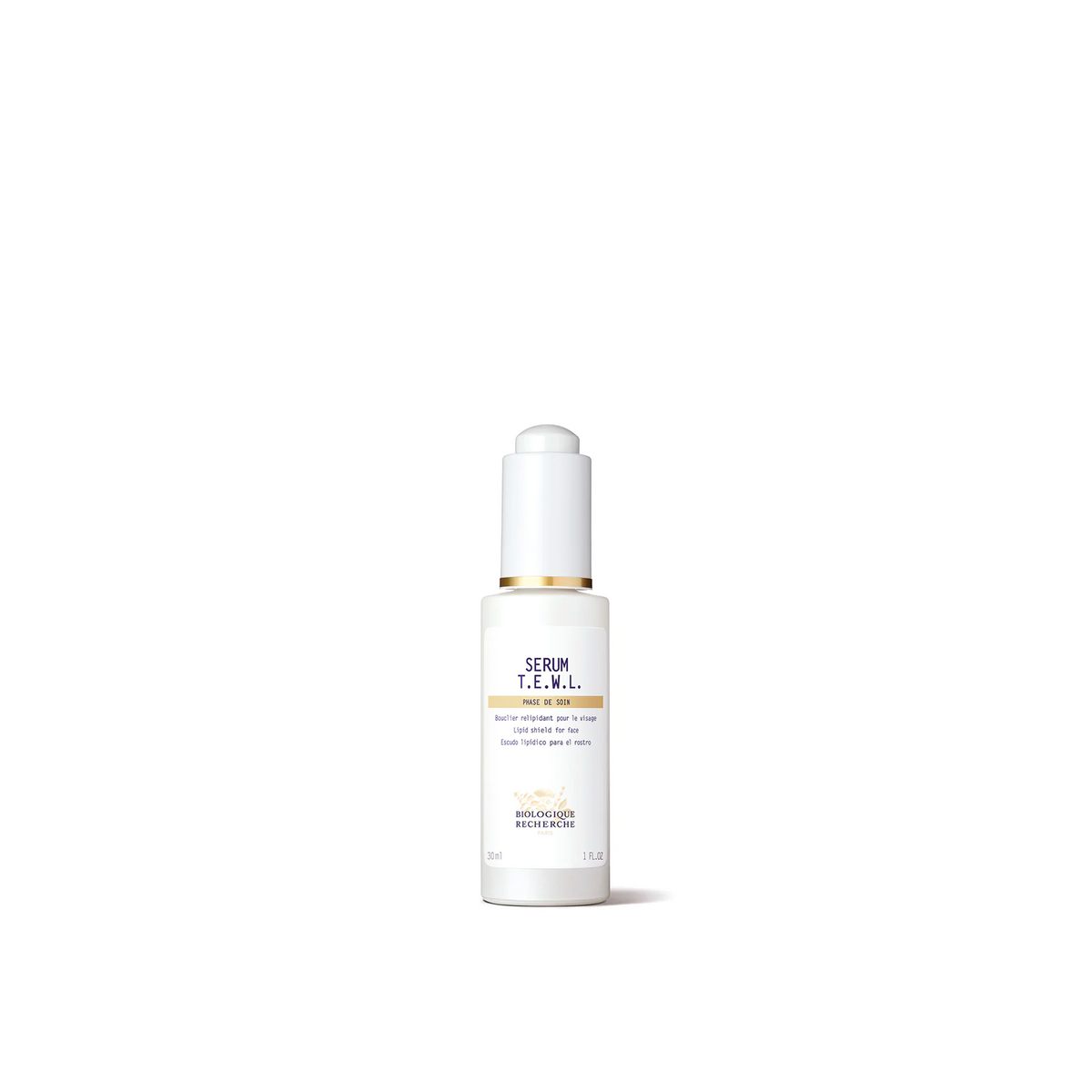 A white, dropper bottle of Biologique Recherche Serum T.E.W.L on a plain background.