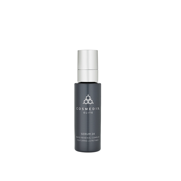 A pump bottle of CosMedix Elite Serum 24, which is a skincare product.