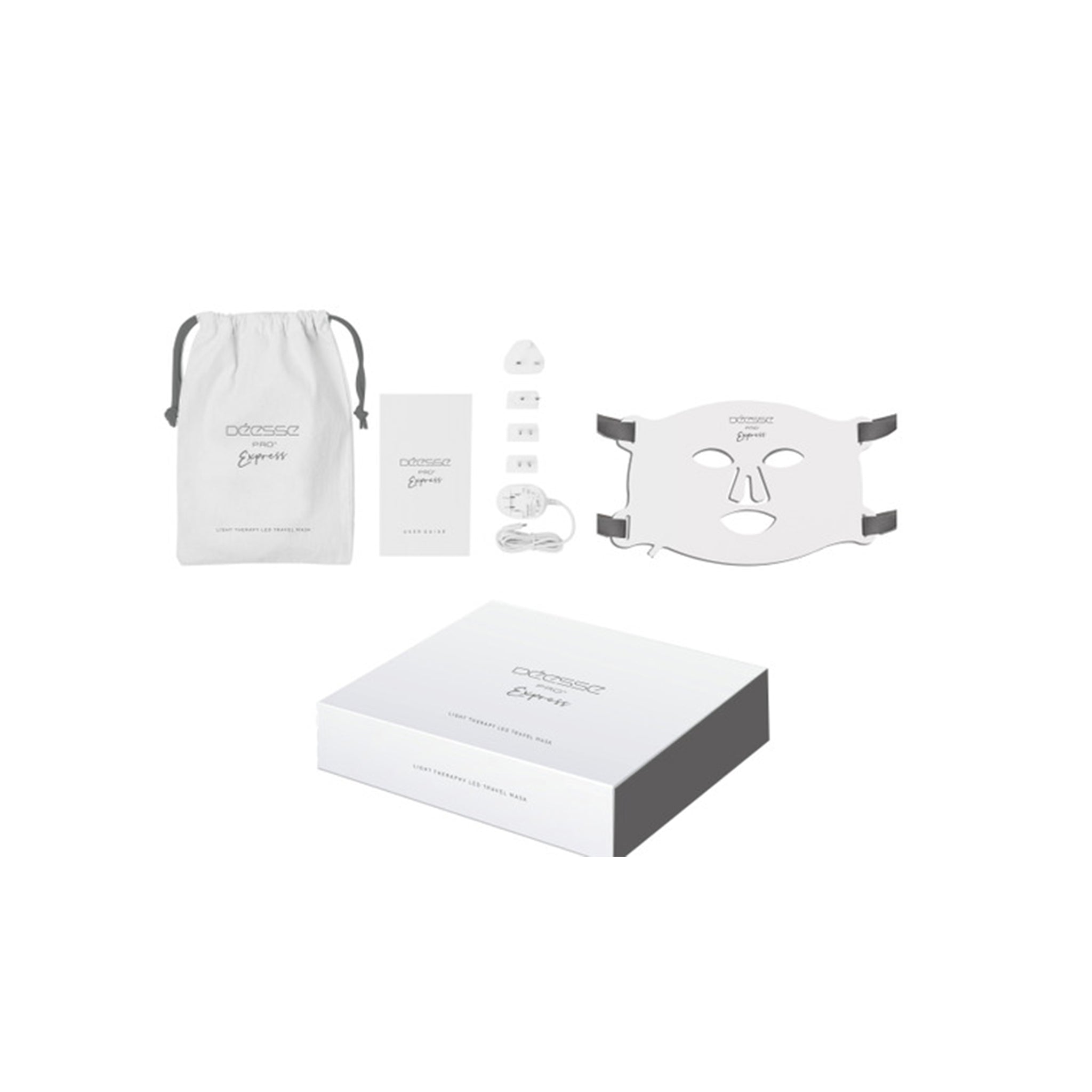The contents of a Pro Express LED mask containing dust bag , instructions and charging cord