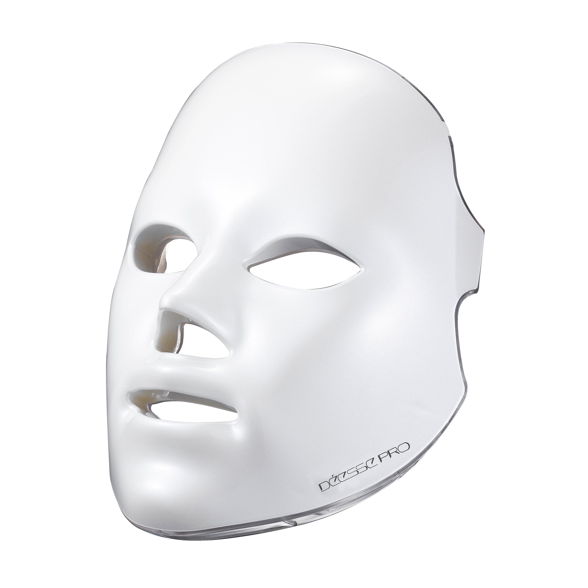A white LED phototherapy mask designed for skin treatment, with eye openings and adjustable head strap.