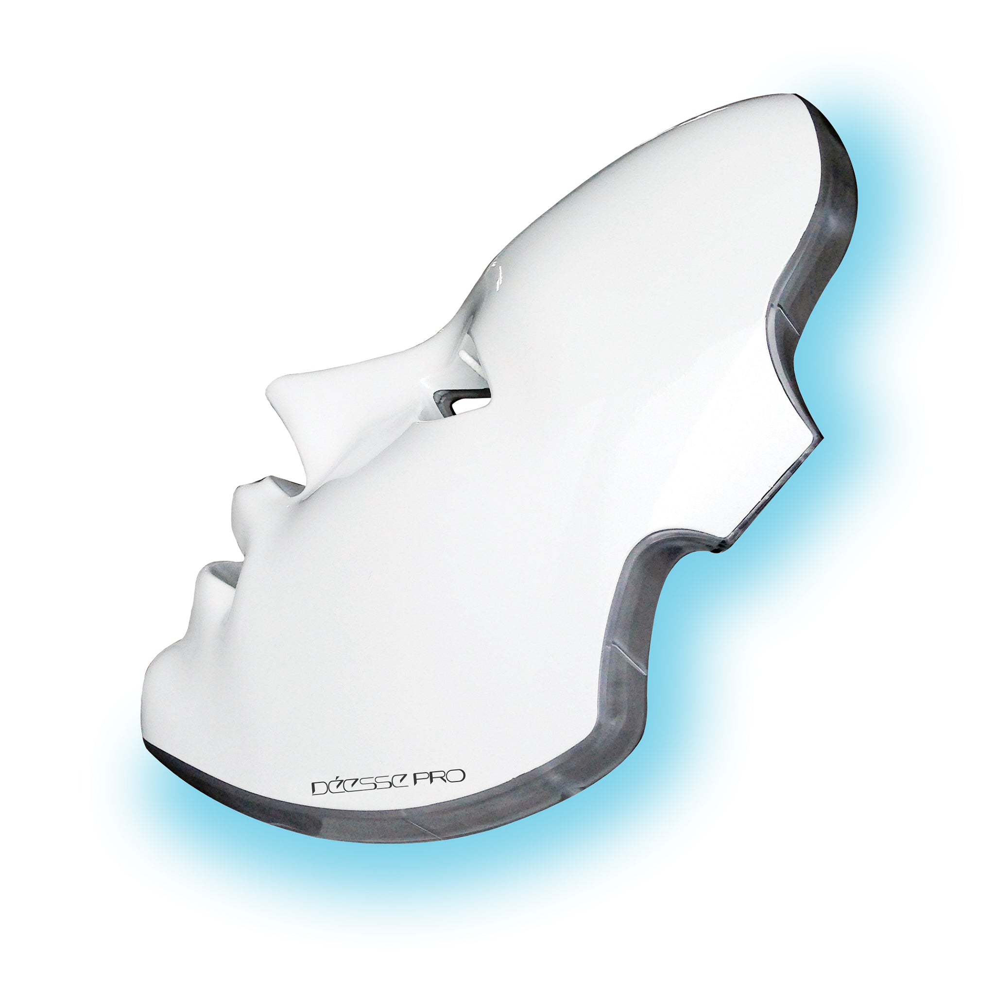 A white LED phototherapy mask designed for skin treatment, with eye openings and adjustable head strap, shown with blue light on.