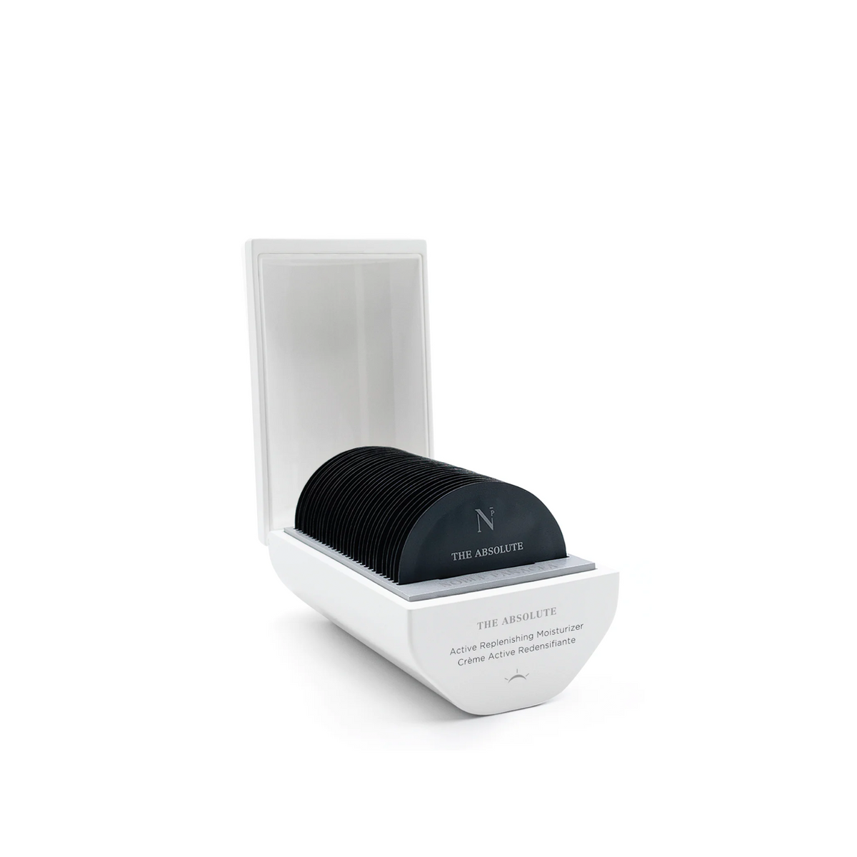 A white box containing doses of Noble Panacea moisturiser, with the brand's logo visible on the box.